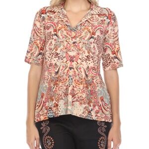 Johnny Was Jungle Paisley Polo Short Sleeve Swing Tunic Tee
